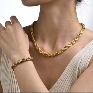Anthropologie 18K Gold Stainless Steel Twisted Rope Necklace Bracelet Set